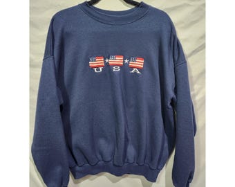 Sweat-shirt bleu marine brodé drapeau des États-Unis et étoiles VTG, thème Jeux olympiques patriotiques XL