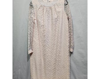 Vintage 60s Pink Lace Mod A-Line Lined Dress Bell Sleeve No Size Handmade?