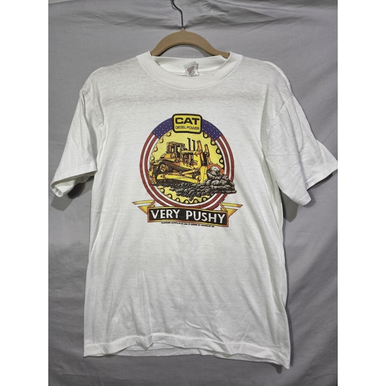 VTG Cat Caterpillar Diesel Dozer T-Shirt Holoubek Very Pushy Single Stitch LARGE image 1