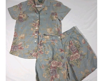 Lauren Ralph Lauren Vintage años 90, camisa de lino con estampado floral y shorts plisados estilo mom, talla 8