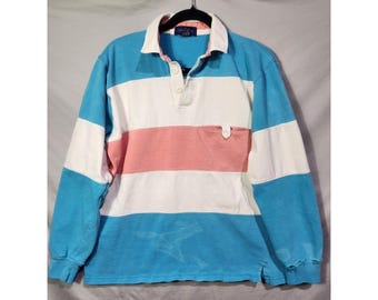 Polo de rugby sport Claybrooke, LARGE, effet vieilli rayé rose blanc bleu