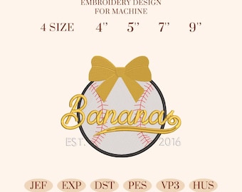 Banana Baseball Bow Embroidery Design, Coquette Baseball Digital File, Est. 2016 Stitch Pattern, Instant Download Png PES DST JPG
