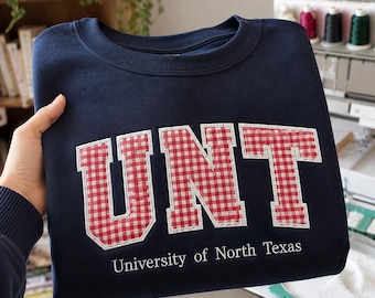 Custom Varsity Letter Sweatshirt, Personalized College Letter Crewneck, Gingham Applique University Pullover, Custom Name Grad Gift