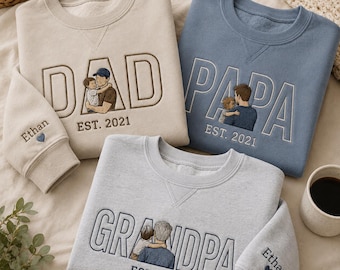 Personalized Dad Portrait Embroidery Sweatshirt, Custom Photo Father’s Day Shirt, Embroidered Dad Est Year Hoodie Gift
