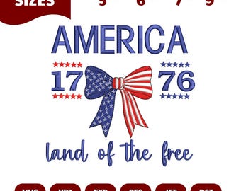 America 1776 Embroidery Design, Patriotic USA Flag Bow (Digital Download)
