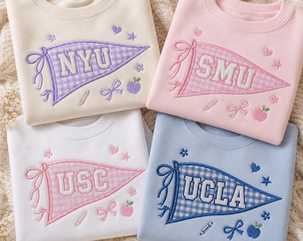 Custom College Pennant Sweatshirt, Embroidered Varsity Crewneck, Personalized Gingham Applique Class of 2026 Grad Gift for Her