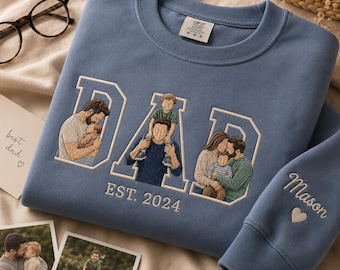 Custom Dad Sweatshirt with Photo Letters, Personalized Father’s Day Hoodie, Embroidered Faceless Portrait Dad Est Year Sweater