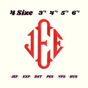 Puede incluir: Diseño de monograma rojo con las letras J, E y E, en forma de diamante. La imagen incluye opciones de tamaño: 3", 4", 5" y 6". Los formatos de archivo JEF, EXP, DST, PES, VP3 y HUS se enumeran debajo del diseño.