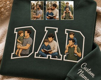 Custom Photo Portrait Embroidery Sweatshirt, Personalized Dad & Kids Photo Hoodie, Father’s Day Gift for Dad from Photo
