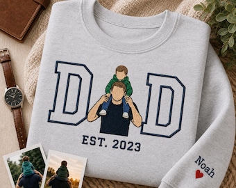 Personalized Dad Portrait Embroidery Sweatshirt, Custom Photo Father’s Day Shirt, Embroidered Dad Est Year Hoodie Gift
