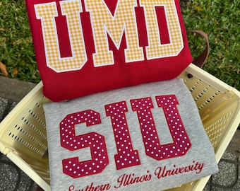 Custom Applique Letter Sweatshirt, Personalized College Crewneck, Polka Dot Patchwork Varsity Shirt, Trendy Grad Gift