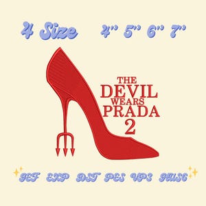 May include: Red high-heeled shoe design with a trident heel, featuring the text "THE DEVIL WEARS PRADA 2". Sizes are listed above the shoe. The design is on a cream background.