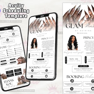May include: A digital Acuity Scheduling template for a nail salon displayed on two smartphones and a vertical layout. The design features the text GLAM Nail by Katrina, Princy Salon, booking policies, appointment preparation, and client reviews.