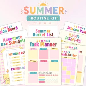 May include: A collection of printable planner pages titled Summer Routine Kit, including a Summer Task Planner, Summer Vision Board, Summer Bucket List, Summer Skincare Routine, Adventure Day Schedule, Morning Routine, Evening Routine, and Summer Habit Builder.