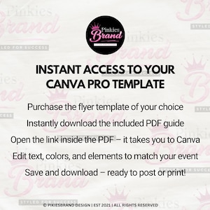 Puede incluir: Un gr&aacute;fico de instrucciones para una plantilla de folleto digital con un logotipo circular negro con el texto Pinkies Brand Styled for Success. El texto dice: INSTANT ACCESS TO YOUR CANVA PRO TEMPLATE, Purchase the flyer template, download the PDF, open the link, edit text, colors, and elements, then save and download.
