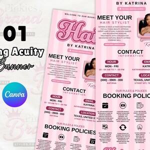 Op de afbeelding: Roze en witte banneradvertentie voor een haarstylist, met de tekst "Meet Your Hair Stylist" en contactgegevens. Het ontwerp bevat een retro televisie-afbeelding met een vrouwenafbeelding en de tekst "Hat by Katrina".