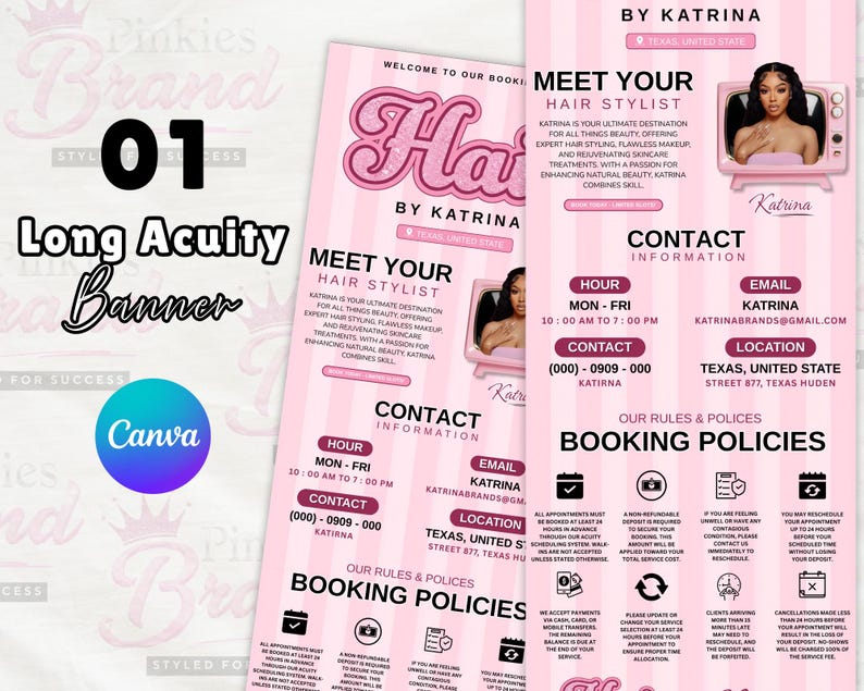 Op de afbeelding: Roze en witte banneradvertentie voor een haarstylist, met de tekst "Meet Your Hair Stylist" en contactgegevens. Het ontwerp bevat een retro televisie-afbeelding met een vrouwenafbeelding en de tekst "Hat by Katrina".