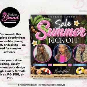 May include: A promotional graphic with the text "Sale Summer Kick Off" in pink, featuring images of hairstyles. The design includes palm leaves, flowers, and beach-themed elements like a seashell and a beach umbrella. The graphic also includes the text "Book Now!"