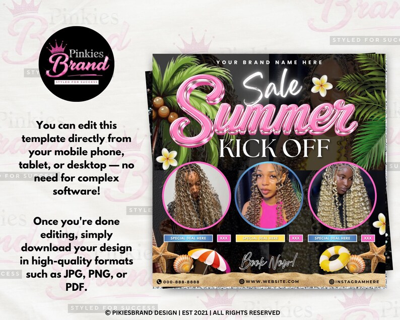 May include: A promotional graphic with the text "Sale Summer Kick Off" in pink, featuring images of hairstyles. The design includes palm leaves, flowers, and beach-themed elements like a seashell and a beach umbrella. The graphic also includes the text "Book Now!"