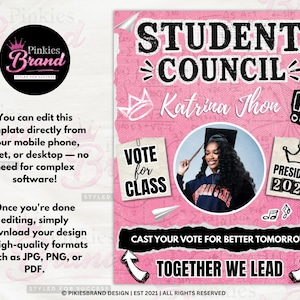 K&ouml;nnte beinhalten: Rosa Poster mit dem Text "Student Council", einem Foto einer Person und dem Namen "Katrina Thon". Enth&auml;lt Grafiken "Vote for Class" und "President 2026". Das Poster sagt auch "Cast your vote for better tomorrow" und "Together we lead."