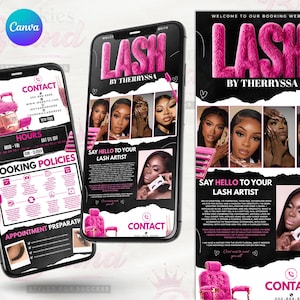 May include: Two smartphones displaying a pink and black advertisement for lash services. The advertisement includes the text "LASH BY THERRYSSA", contact information, and images of lash extensions. The design features pink accents and a pink salon chair.