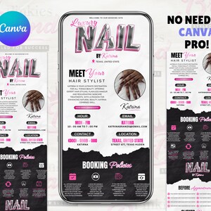 May include: Digital advert for a nail salon, with the text "Luxury Nail by Katrina" in pink and silver. The ad includes contact details, booking policies, and a photo of manicured nails. The background is black and white.