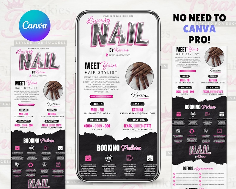 May include: Digital advert for a nail salon, with the text "Luxury Nail by Katrina" in pink and silver. The ad includes contact details, booking policies, and a photo of manicured nails. The background is black and white.