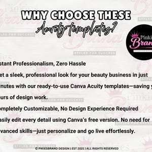 May include: A light pink background with the text "WHY CHOOSE THESE Acuity templates?" in black. The image includes a circular logo with a pink crown and the words "Pinkies Brand" in white and pink. Bullet points highlight key features.