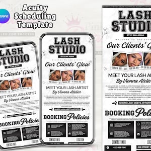 May include: A digital Acuity Scheduling template for a lash studio featuring black and white text, floral line art, and three portrait photos. The layout includes sections for client photos, artist biography, and booking policies on mobile screens.