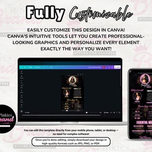 May include: A laptop and smartphone displaying a customizable design template. The design features a black and pink color scheme with text that reads "Pinkies Brand" and "Fully Customizable". The template is editable in Canva.
