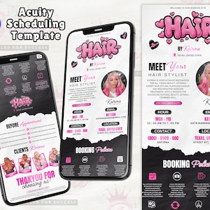 May include: Acuity Scheduling Template for Hair by Katrina, featuring a pink and black design. The template includes contact information, booking policies, and client reviews. The design is displayed on a smartphone.