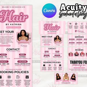 Op de afbeelding: Roze en witte promotiematerialen voor een haarstylist, met de tekst "Hair by Katrina". Het ontwerp omvat een verticale banner, visitekaartjes en social media graphics. De graphics bevatten afbeeldingen van kapsels en contactgegevens.
