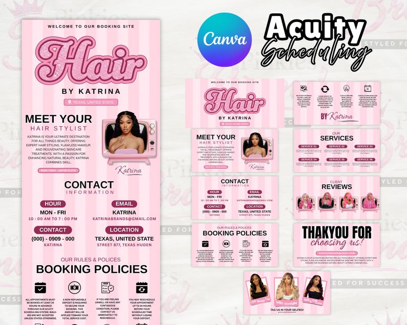 Op de afbeelding: Roze en witte promotiematerialen voor een haarstylist, met de tekst "Hair by Katrina". Het ontwerp omvat een verticale banner, visitekaartjes en social media graphics. De graphics bevatten afbeeldingen van kapsels en contactgegevens.
