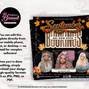 K&ouml;nnte beinhalten: Eine digitale Flyer-Vorlage mit dem Text September BOOKINGS ARE NOW OPEN, Herbstbl&auml;ttern und Leopardenmuster-Akzenten. Sie enth&auml;lt drei kreisf&ouml;rmige Fotorahmen mit Personen mit blonden Frisuren und K&uuml;rbissen am unteren Rand.