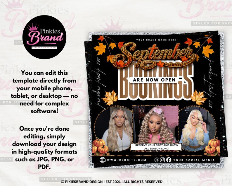 K&ouml;nnte beinhalten: Eine digitale Flyer-Vorlage mit dem Text September BOOKINGS ARE NOW OPEN, Herbstbl&auml;ttern und Leopardenmuster-Akzenten. Sie enth&auml;lt drei kreisf&ouml;rmige Fotorahmen mit Personen mit blonden Frisuren und K&uuml;rbissen am unteren Rand.
