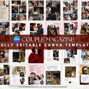 Op de afbeelding: Een digitaal collagesjabloon voor een koppeltijdschrift met meerdere fotolay-outs, tekstvakken en grafische elementen zoals harten en vlinders. Het ontwerp bevat de tekst COUPLE MAGAZINE FULLY EDITABLE CANVA TEMPLATE.