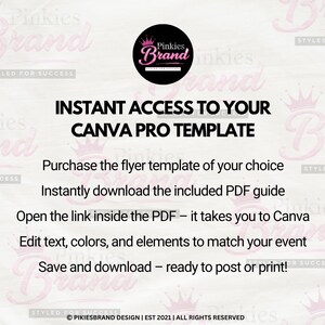 K&ouml;nnte beinhalten: Eine digitale Grafik mit Anweisungen f&uuml;r eine Flyer-Vorlage, die das Pinkies Brand-Logo mit einer Krone zeigt. Der Text lautet: INSTANT ACCESS TO YOUR CANVA PRO TEMPLATE. Kaufen Sie die Vorlage, laden Sie das PDF herunter, &ouml;ffnen Sie den Link, bearbeiten und speichern.