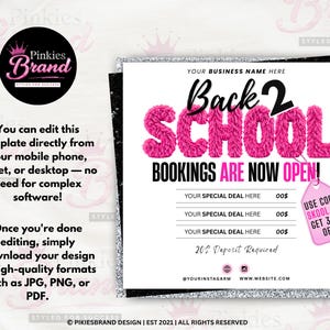 May include: A digital flyer template featuring the text Back 2 SCHOOL in fuzzy pink letters. It includes placeholders for business name, special deals, and a pink tag with the text USE CODE SKOOL TO GET 30% OFF. The design has a white background.