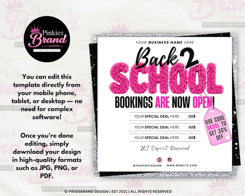 May include: A digital flyer template featuring the text Back 2 SCHOOL in fuzzy pink letters. It includes placeholders for business name, special deals, and a pink tag with the text USE CODE SKOOL TO GET 30% OFF. The design has a white background.