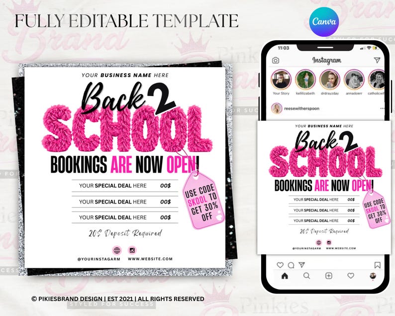 May include: A digital marketing template for social media featuring the text Back 2 School Bookings Are Now Open in fuzzy pink letters. It includes placeholders for business name, special deals, and a pink tag with the code SKOOL for 30% off.