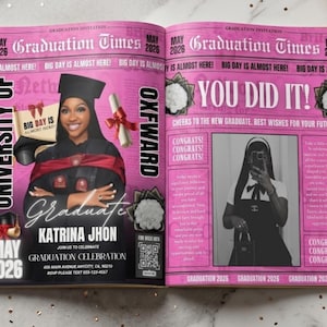 May include: A pink graduation announcement designed to look like a newspaper. The headline reads "Graduation Times" with the date "May 2026." The announcement features a photo of the graduate, Katrina Jhon, and includes details for the graduation celebration.