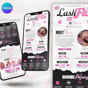 以下が含まれることがあります： スマートフォンとチラシに表示された「Lash Flix by Katrina」のプロモーション用グラフィック。デザインは、口紅の跡やハートなど、ピンクのアクセントが付いた白黒の配色が特徴です。テキストには、予約情報と顧客レビューが含まれています。