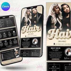 Puede incluir: Dos smartphones que muestran un anuncio de una peluquería. El anuncio presenta a dos mujeres con el pelo peinado, la palabra "Hair" en 3D y los detalles del salón. También se ven las políticas de reserva y la información de preparación de citas.