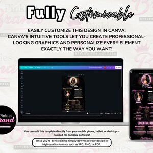 May include: A laptop and smartphone showing a customisable design template. The template has a black and pink colour scheme with text reading "Pinkies Brand" and "Styled for Success." The design is easily editable in Canva.