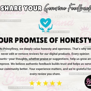 May include: Graphic with text: "SHARE YOUR Genuine Feedback" and "OUR PROMISE OF HONESTY." Includes a heart icon and star ratings. The text emphasizes honesty in reviews and values customer feedback.