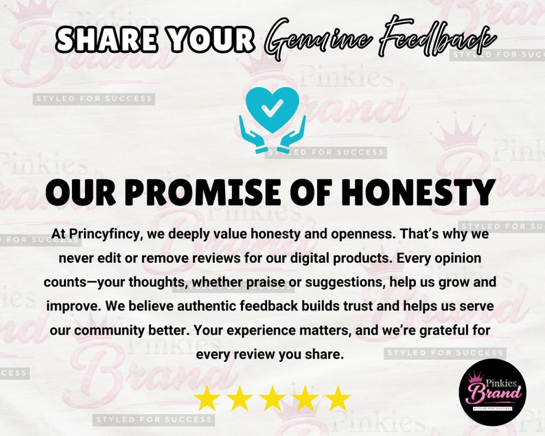 May include: Graphic with text: "SHARE YOUR Genuine Feedback" and "OUR PROMISE OF HONESTY." Includes a heart icon and star ratings. The text emphasizes honesty in reviews and values customer feedback.
