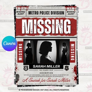 Może przedstawiać: Plakat osoby zaginionej Sarah Miller, lat 26, z tekstem Metro Police Division, Missing oraz opisem jej ubioru. Projekt zawiera czerwone plamy przypominające krew, czarne sylwetki oraz numer telefonu.