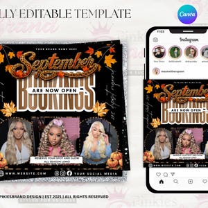 K&ouml;nnte beinhalten: Eine digitale Marketingvorlage f&uuml;r September-Buchungen mit schwarzem Hintergrund, orangefarbenen Herbstbl&auml;ttern und K&uuml;rbissen. Der Text lautet September Bookings Are Now Open, Reserve Your Spot And Glow All Season Long, mit drei kreisf&ouml;rmigen Fotorahmen.