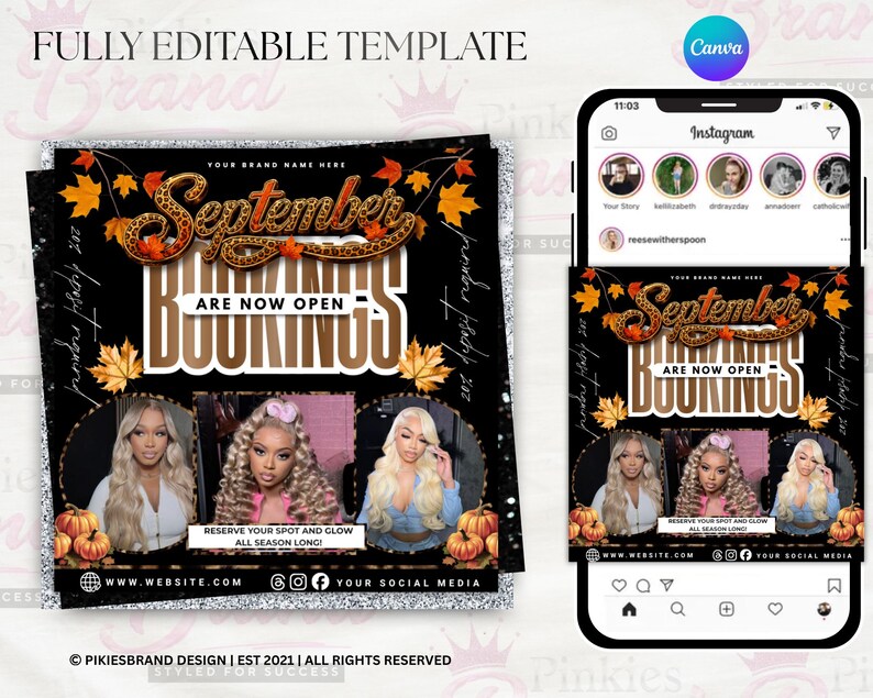 K&ouml;nnte beinhalten: Eine digitale Marketingvorlage f&uuml;r September-Buchungen mit schwarzem Hintergrund, orangefarbenen Herbstbl&auml;ttern und K&uuml;rbissen. Der Text lautet September Bookings Are Now Open, Reserve Your Spot And Glow All Season Long, mit drei kreisf&ouml;rmigen Fotorahmen.