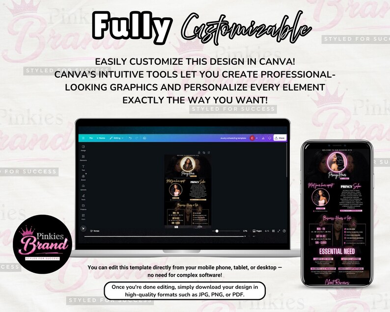 Op de afbeelding: Een laptop en smartphone met een aanpasbare ontwerp sjabloon. Het ontwerp heeft een zwart-roze kleurenschema met de tekst "Fully Customizable" en "Pinkies Brand". De sjabloon is bewerkbaar in Canva.